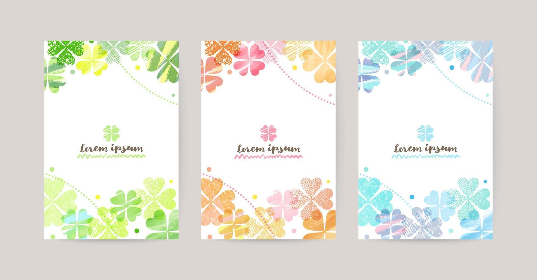 vector card design template with colorful clovers, watercolor decoration on white background set