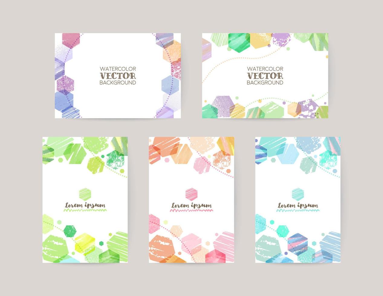 vector card design template with colorful hexagons, watercolor decoration on white background set