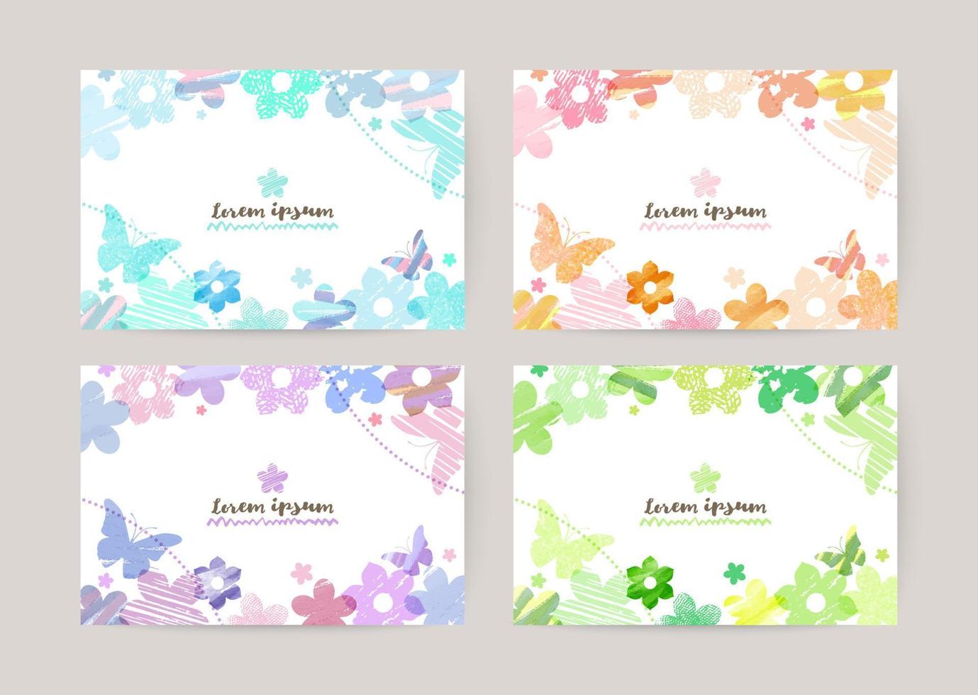 vector card design template with colorful flowers and butterflies, watercolor decoration on white background set