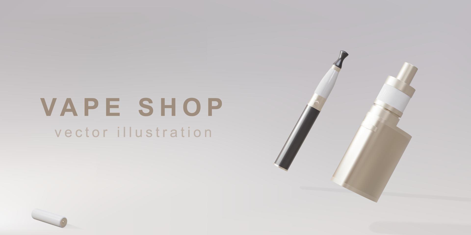 Banner promocional 3d para la tienda de vape: dos dispositivos de vapeo dorados realistas. ilustración vectorial vector