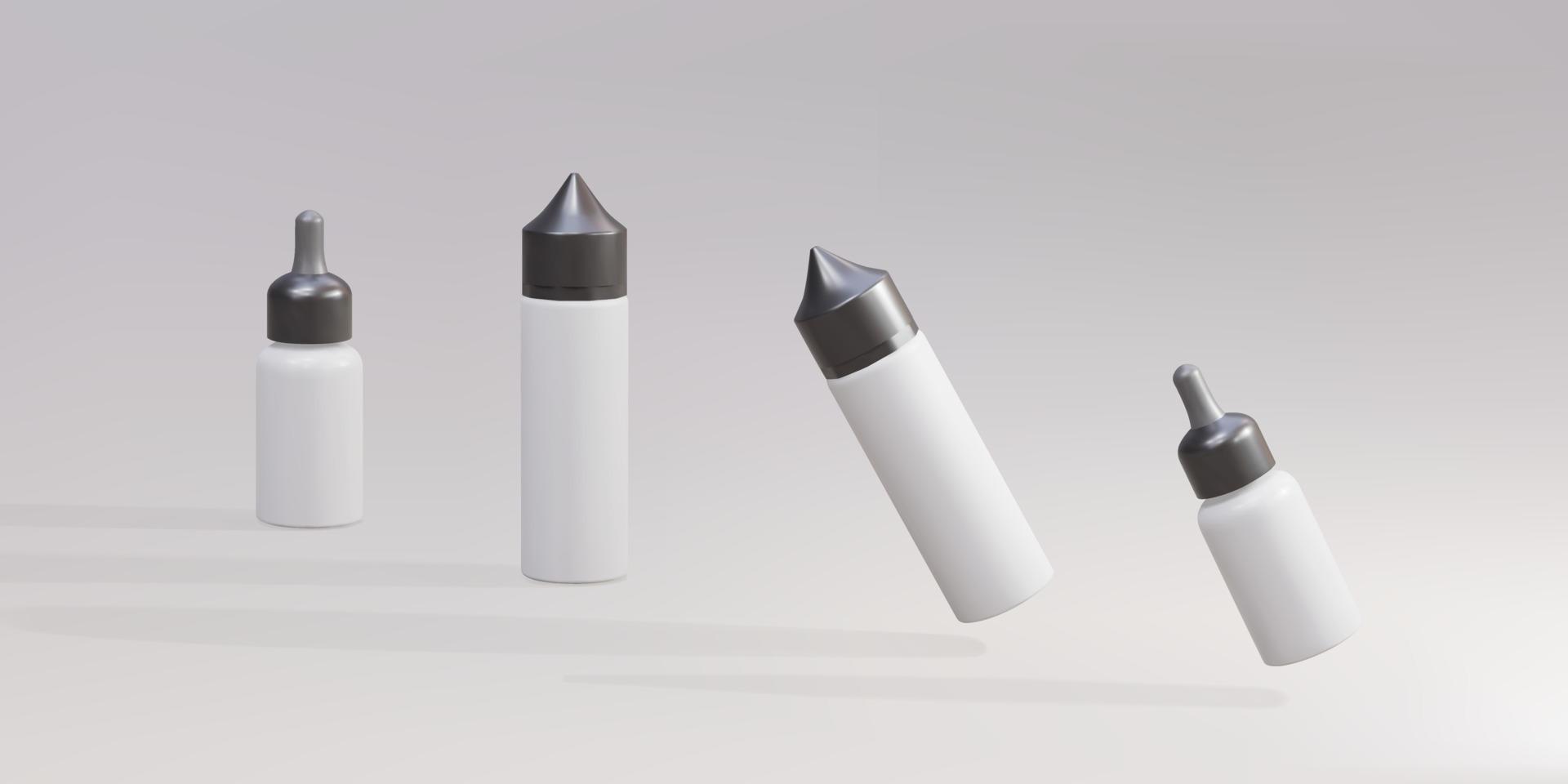 3d set  liquid plastic bottle packaging for vaping realistic mockup. Vector illustration.