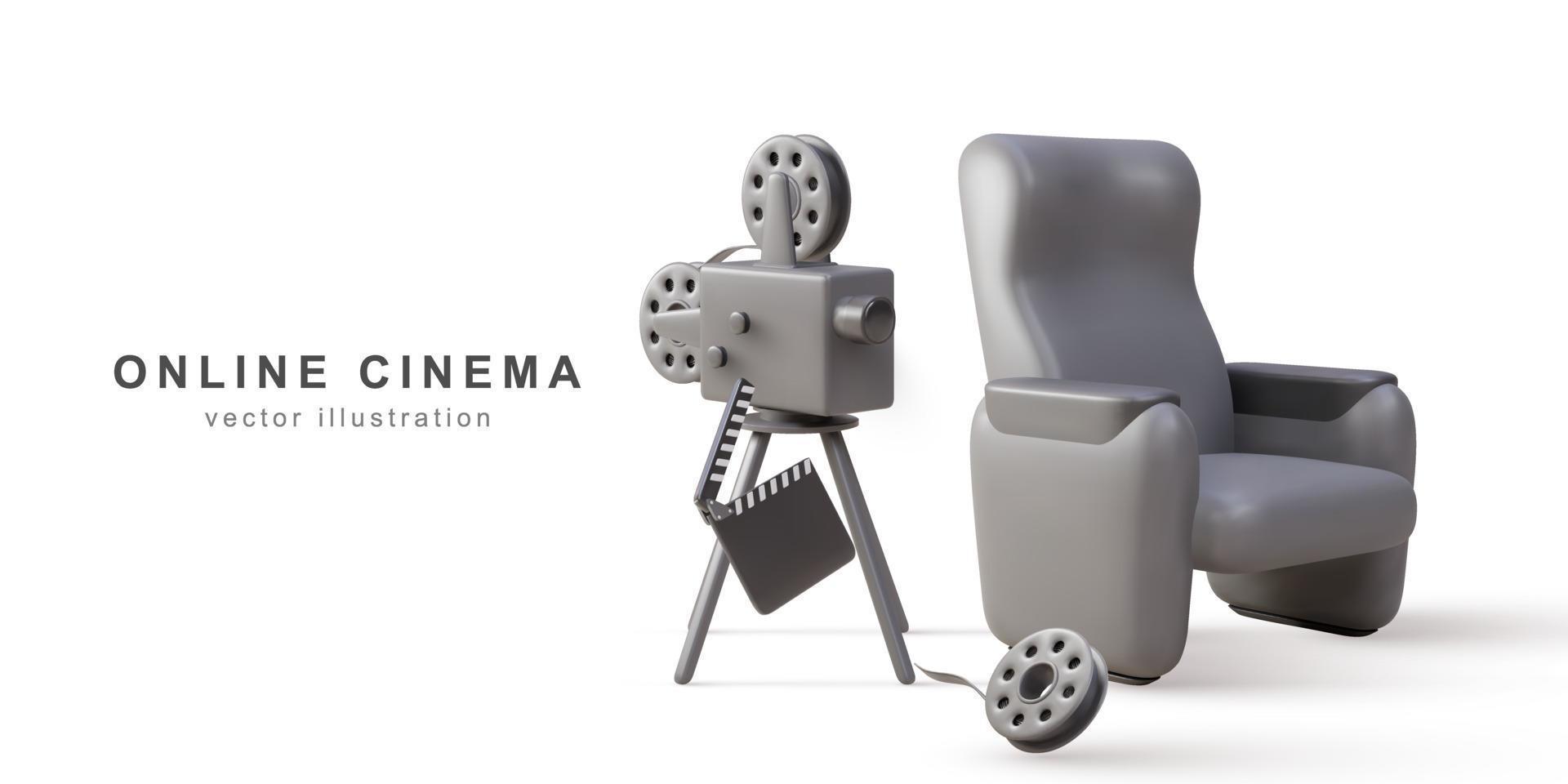 3d realistic retro camera, clapperboard and Cinema armchair and cinema reels. Vector illustration.