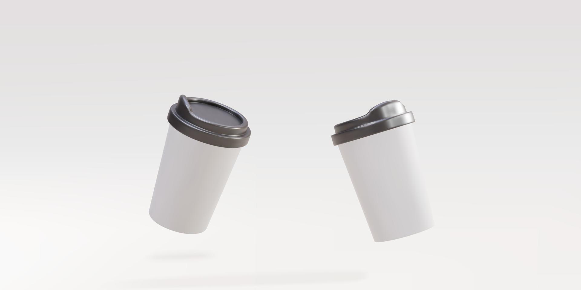 3d two white paper coffee cups on a grey background. Vector illustration.