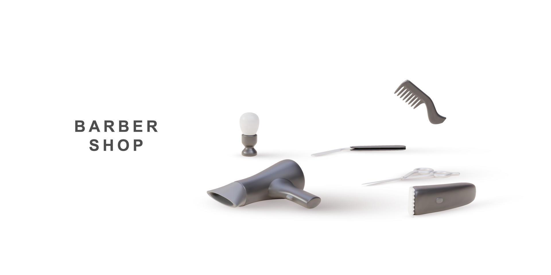 3d objects kit for barber shop on a white  background. Vector illustration.
