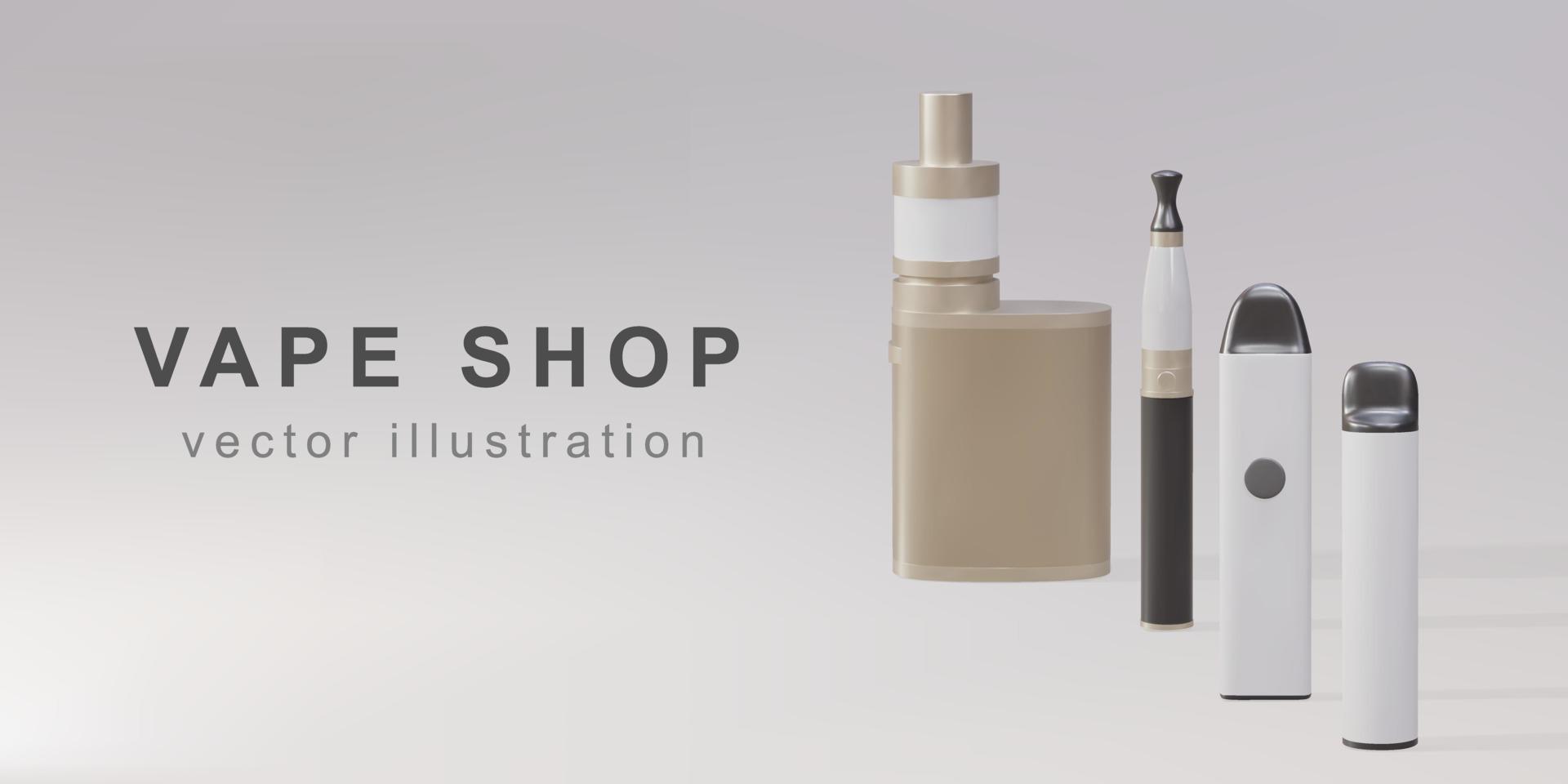 Banner promocional 3d para tienda de vape - dispositivos de vapeo realistas. ilustración vectorial vector