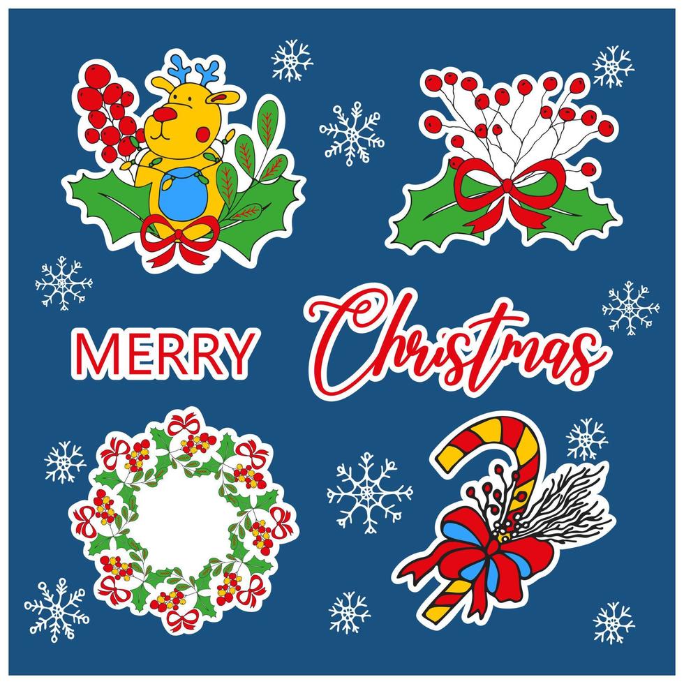 A colorful Christmas card. A set of colorful Christmas stickers. Holiday Concept. Vector illustration in the style of doodles.