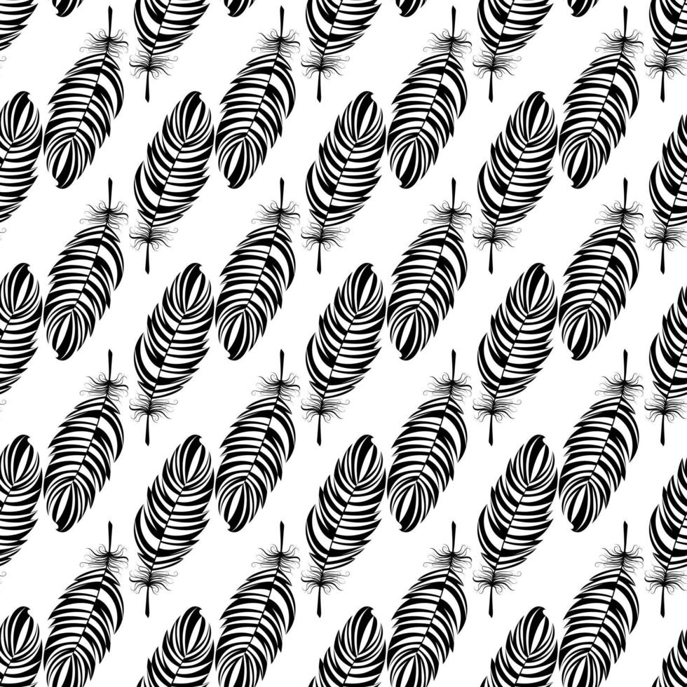 Seamless pattern with bird feathers. Black and white. Vector abstract background with bird feathers.