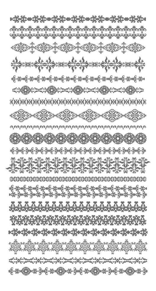 Large set of decorative border motifs. Collection of frames and dividers for tact. Vector illustration. Seamless horizontal vintage ornaments.