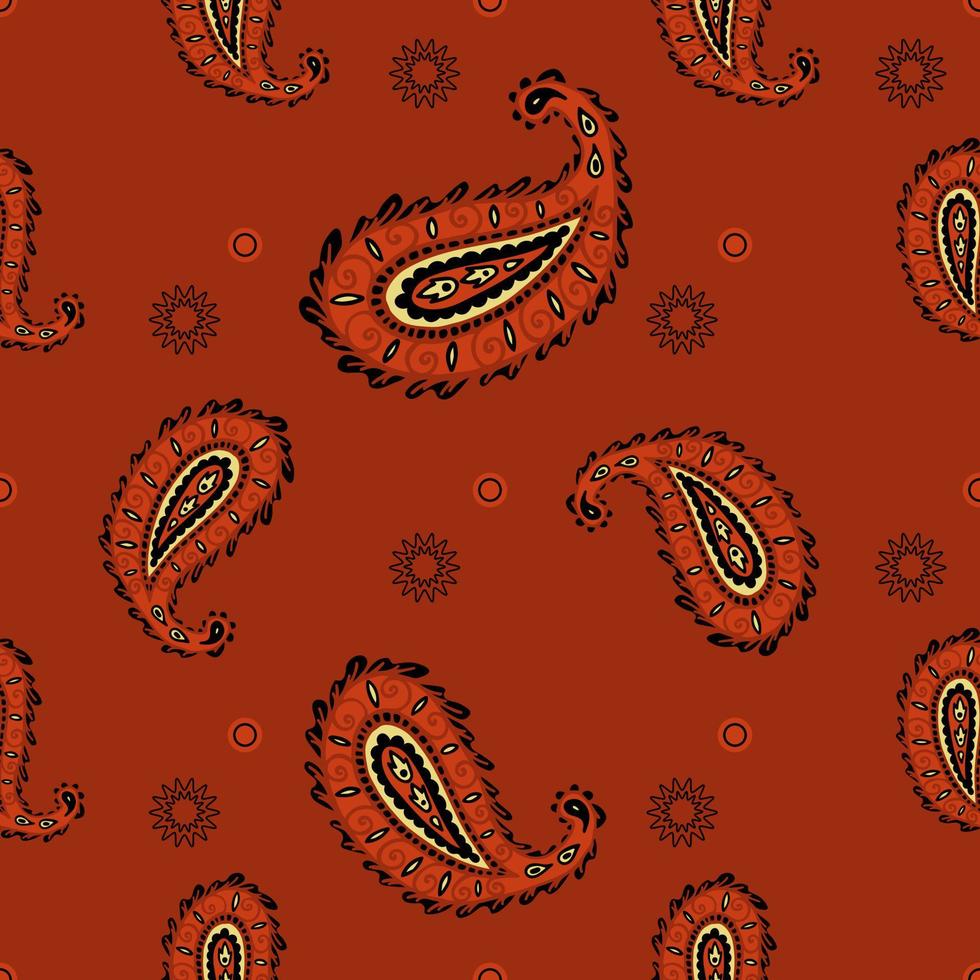 Floral vector paisley background. Red, orange color. Doodle style. Textile print. Indian paisley floral seamless pattern. Colorful asian style floral pattern. Vector illustration.