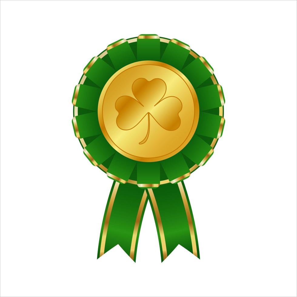 Golden award with shamrock and green ribbon isolated on white background. St. Patrick's Day medal, Irish symbol of good luck. Vector illustration.
