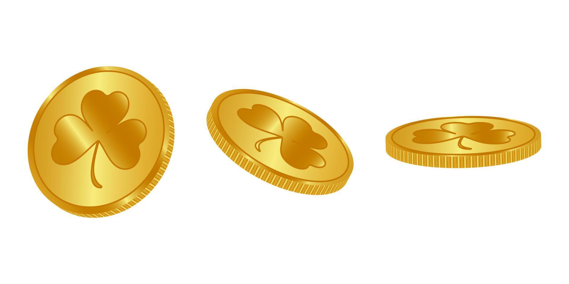 monedas de oro con trébol aislado en blanco en diferentes posiciones. monedas con el signo del trébol. ilustración vectorial vector
