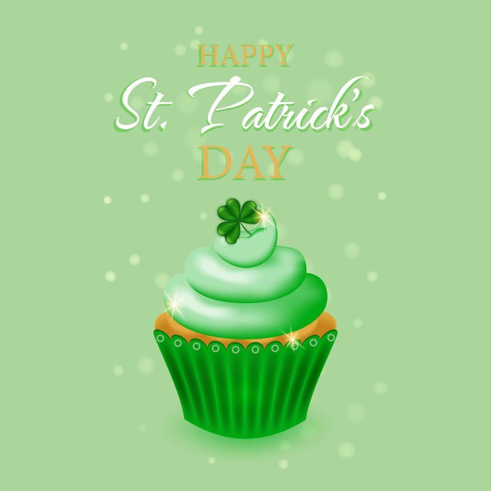 Card with a cupcake for St. Patricks Day. St.Patricks Day background with sweet festive dessert muffin. Vector illustration.