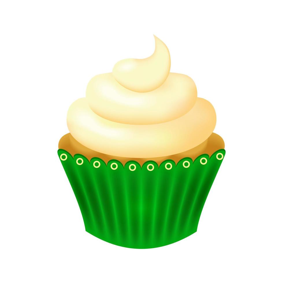 Chocolate cupcake with buttercream in green paper packaging. Sweet pastries on a white background. Dessert with cream, sweets for the holiday. Vector illustration.