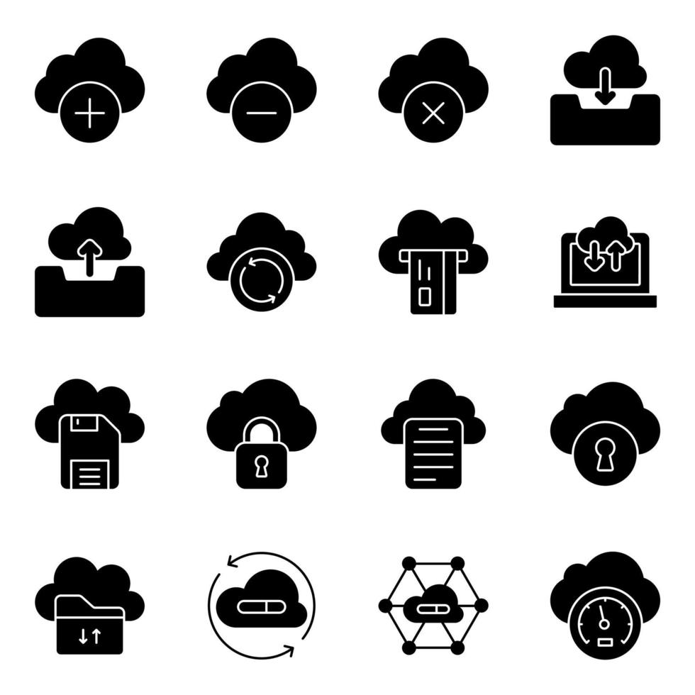 paquete de iconos sólidos de alojamiento en la nube vector