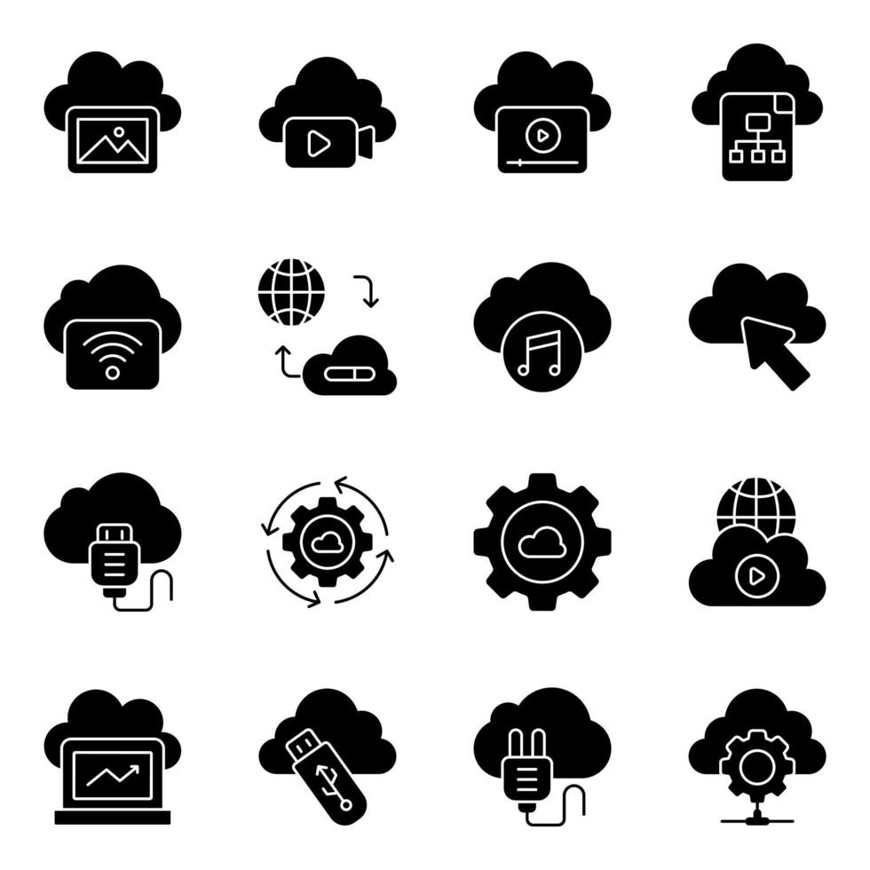 paquete de iconos sólidos de tecnología en la nube vector