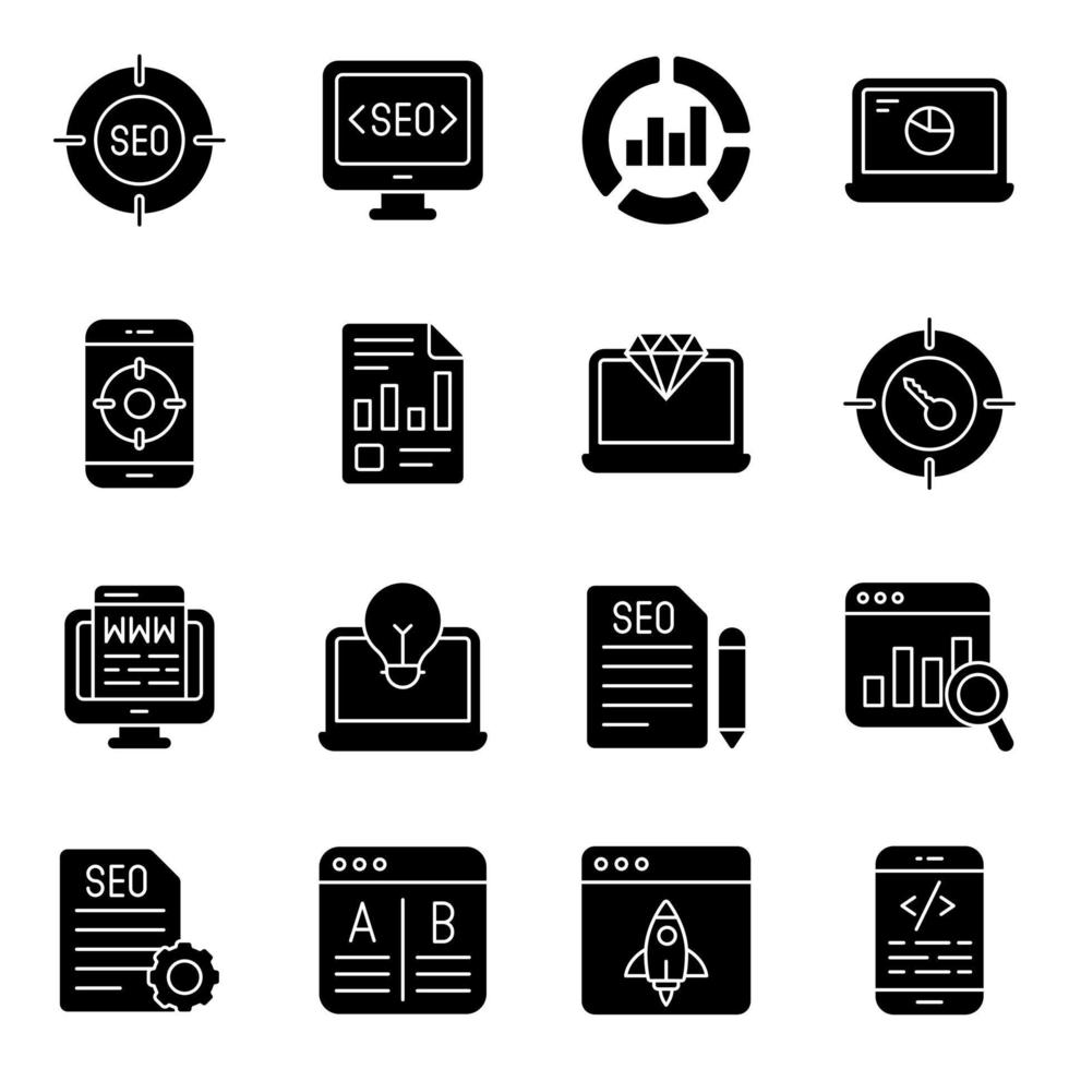 Pack of Search Engine Optimization Solid Icons vector