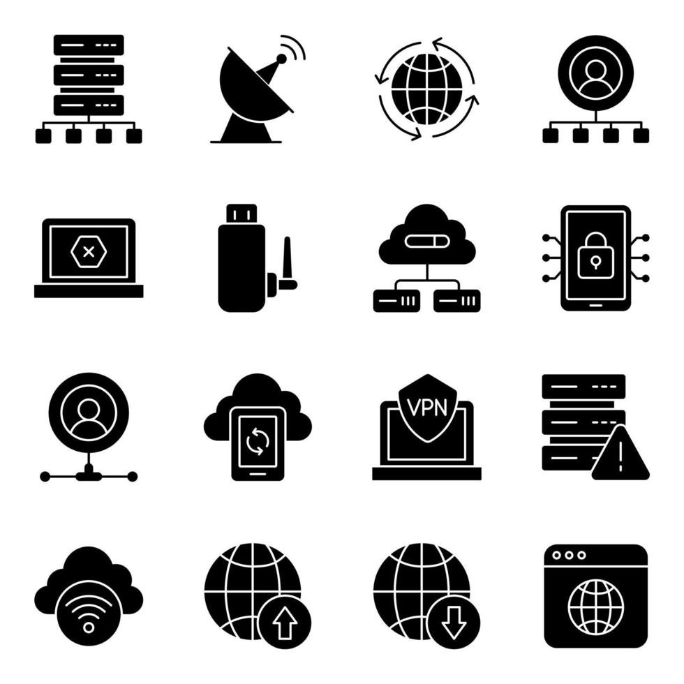 paquete de iconos sólidos de alojamiento de datos vector