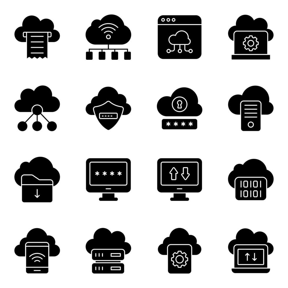 paquete de iconos sólidos de servicio en la nube vector