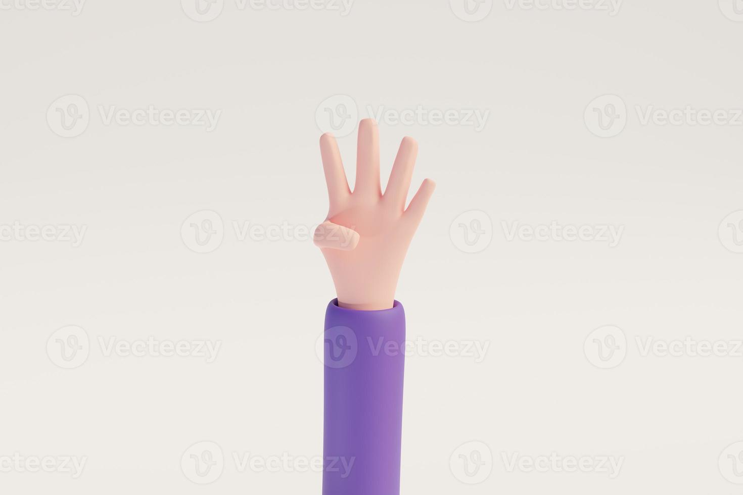 Cartoon hand showing fingers four for Rating or countdown design elements white isolated background. 3D rendered image photo