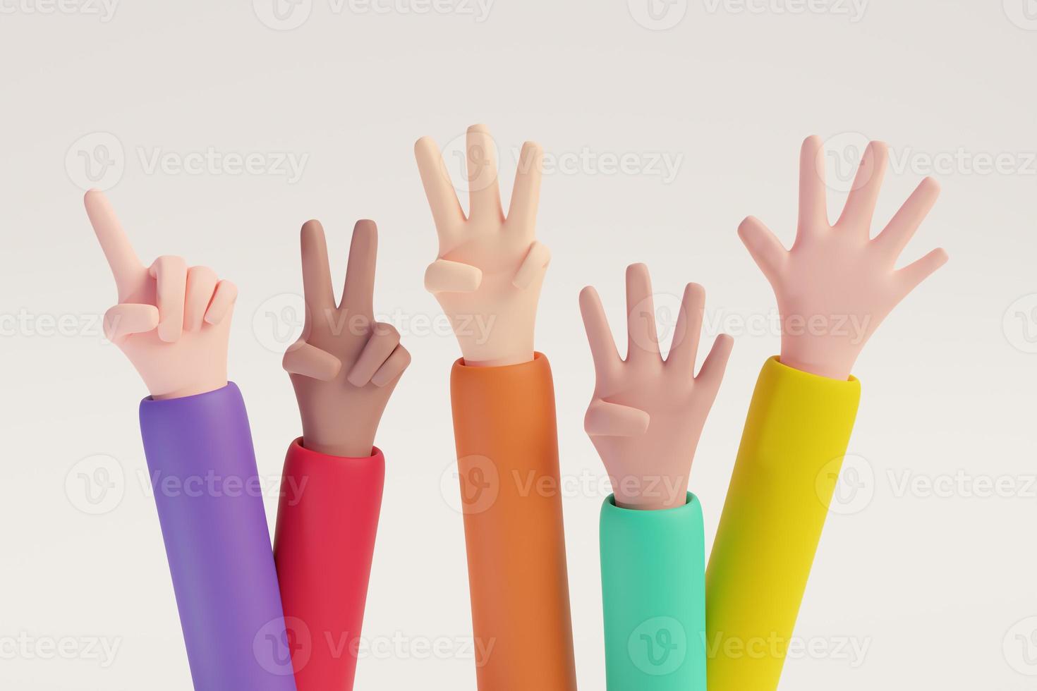 Cartoon hand showing fingers from one to five togerther. Rating or countdown design elements on white isolated background. 3D rendered image. photo