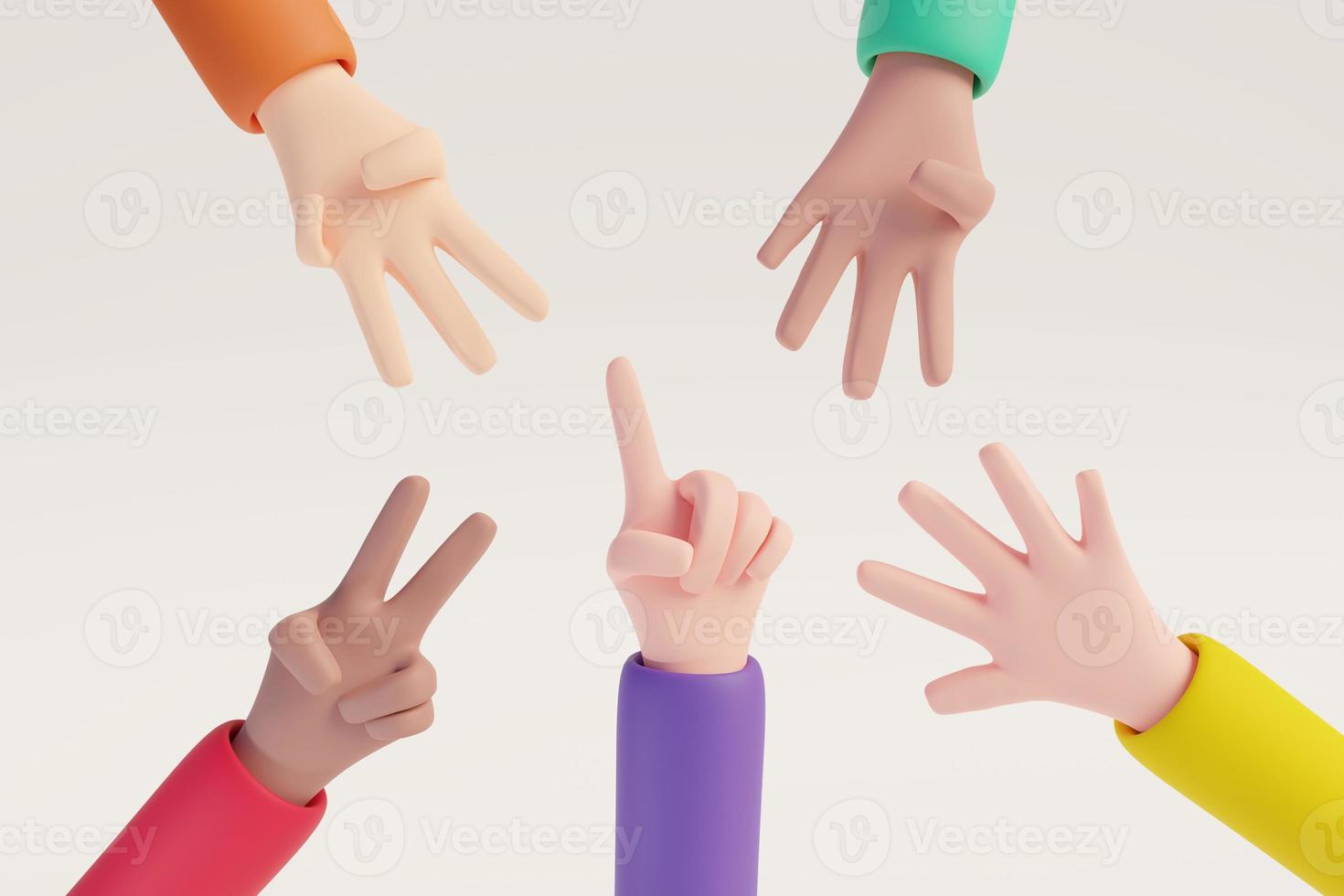 Cartoon hand showing fingers from one to five togerther. Rating or countdown design elements on white isolated background. 3D rendered image. photo