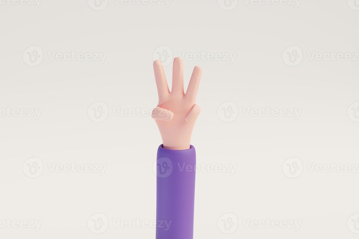 Cartoon hand showing fingers three for Rating or countdown design elements white isolated background. 3D rendered image photo
