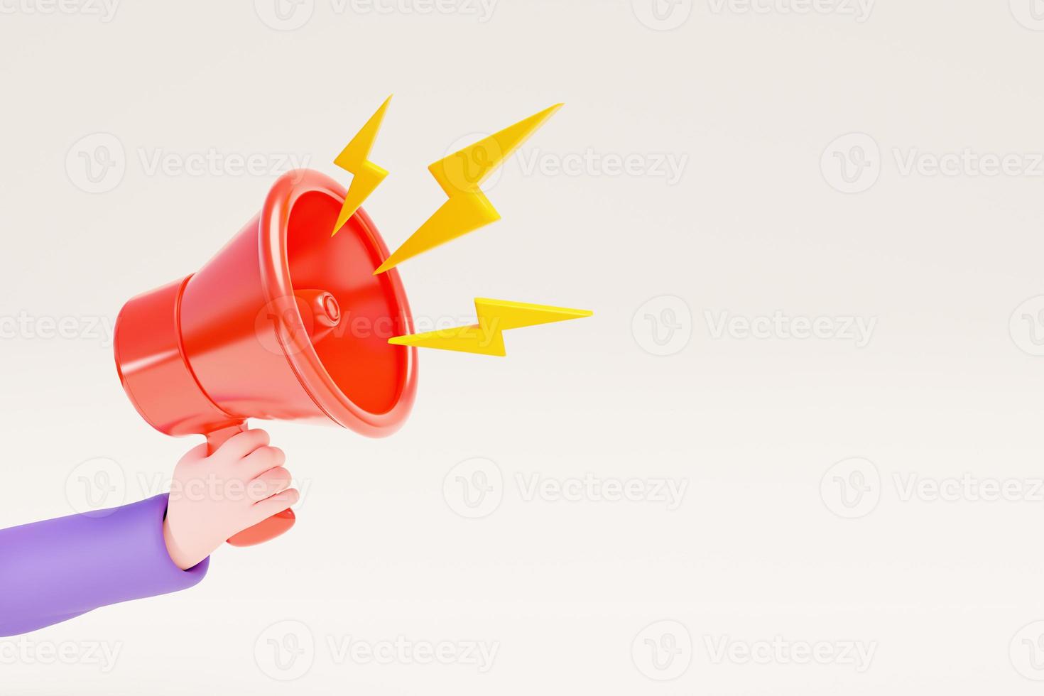 Cartoon hand holding megaphone isolated on white background. 3D rendering photo