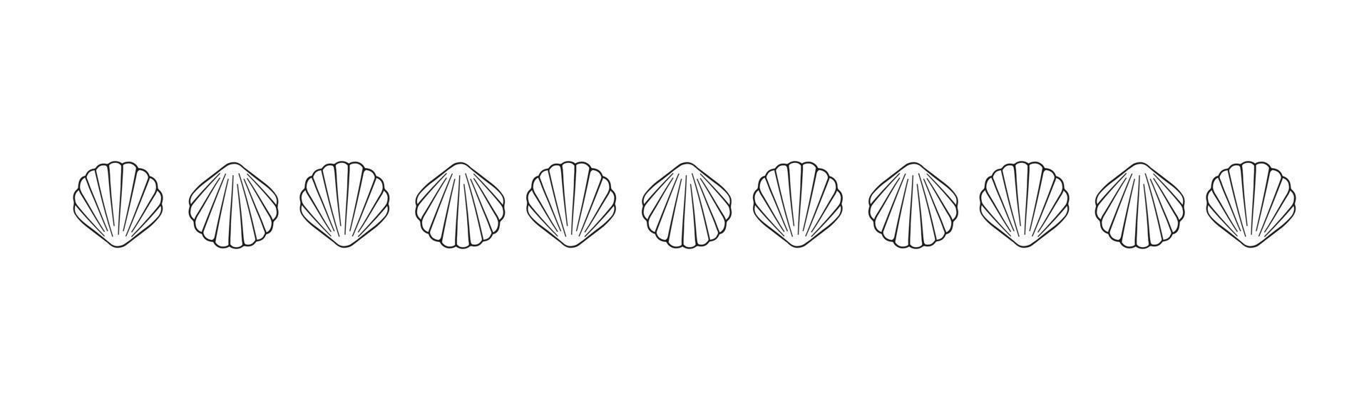 Seashells scallop border divider line art. Sea and ocean design template. Vector illustration summer or beach party, advertising design