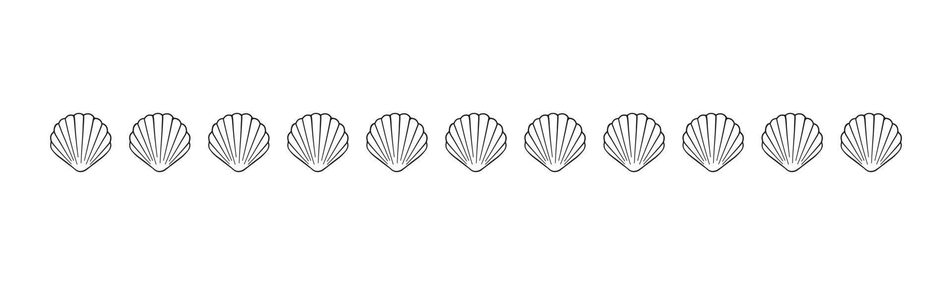 Seashells scallop border divider outline. Sea and ocean design template. Vector illustration summer or beach party, advertising design
