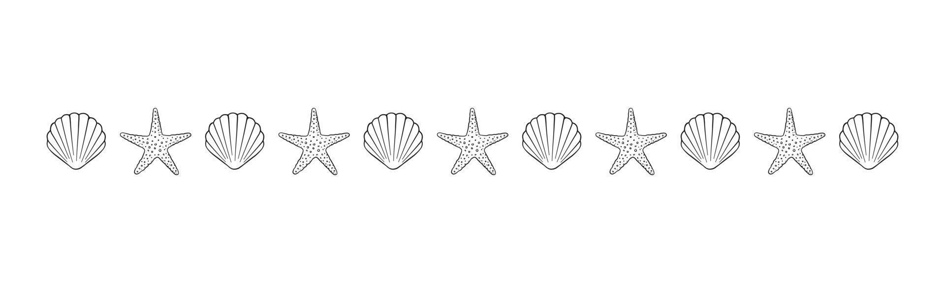 Seashell and starfish outline border divider. Sea and ocean design template. Vector illustration summer or beach party, advertising design