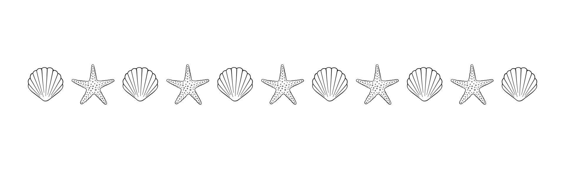 Seashell and starfish outline border divider. Sea and ocean design template. Vector illustration summer or beach party, advertising design