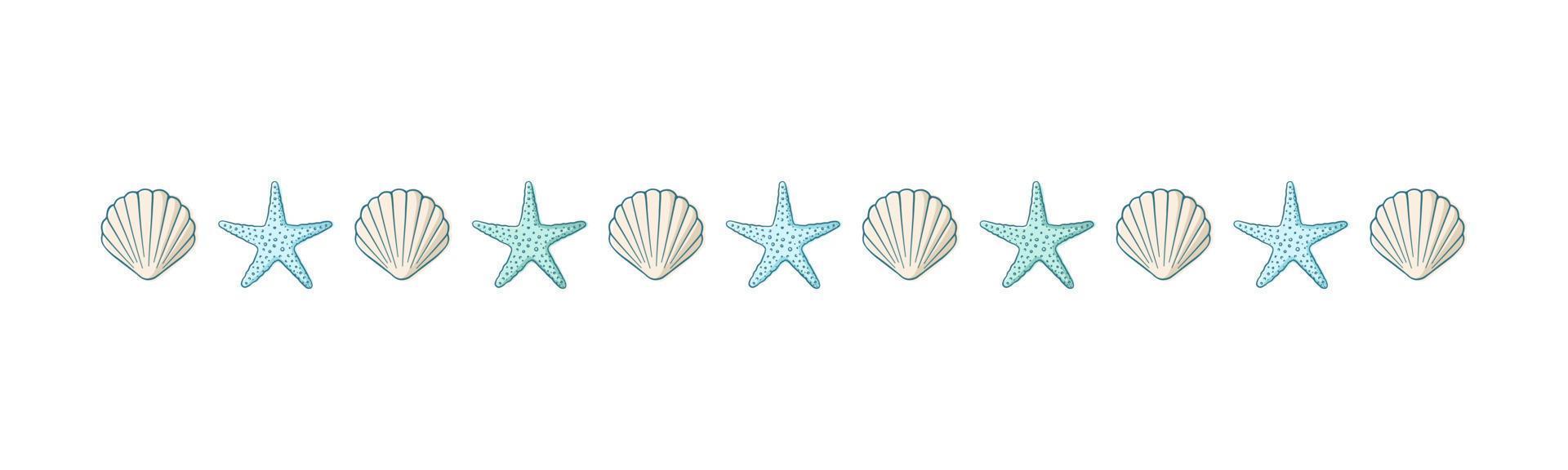 Seashell and starfish border divider. Sea and ocean design template. Vector illustration summer or beach party, advertising design