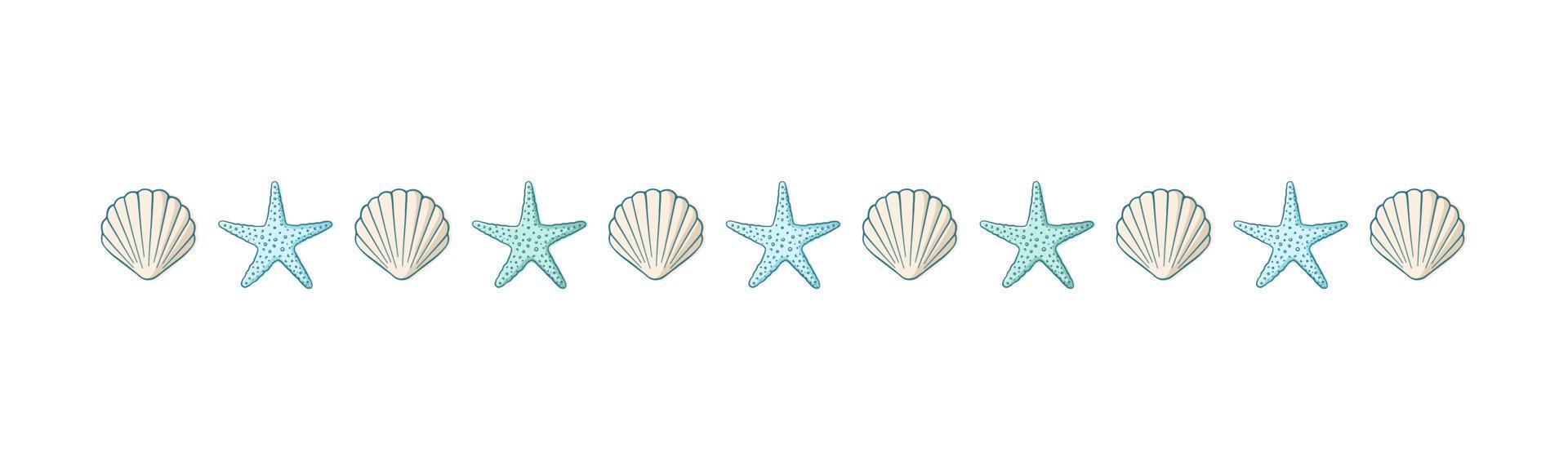 divisor de borde de conchas marinas y estrellas de mar. plantilla de diseño de mar y océano. ilustración vectorial verano o fiesta en la playa, diseño publicitario vector