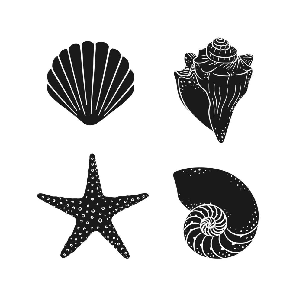 ilustración de vector de silueta de concha y estrella de mar. ilustraciones marinas acuáticas para menú, diseño de restaurante de mariscos, spa de hotel resort, tablas de surf, impresión de arte de pared