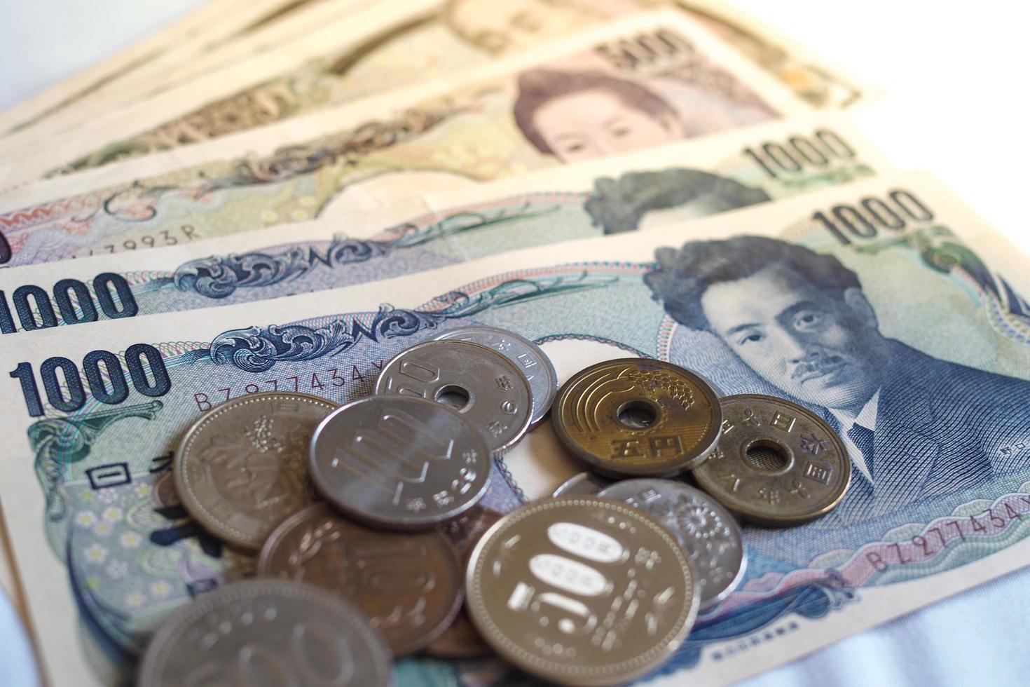 Japanese yen notes and Japanese yen coins for money concept background photo