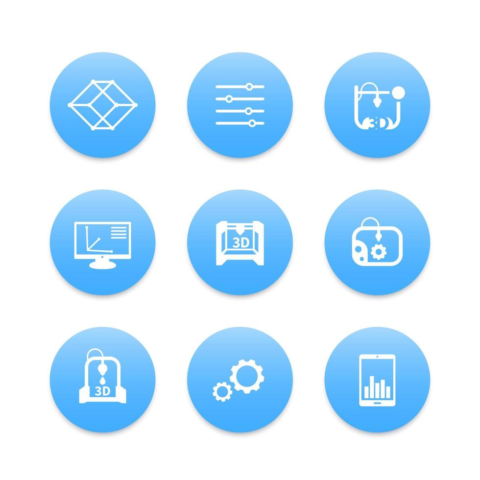 3d printer, printing icons set, modeling, additive manufacturing, designing vector