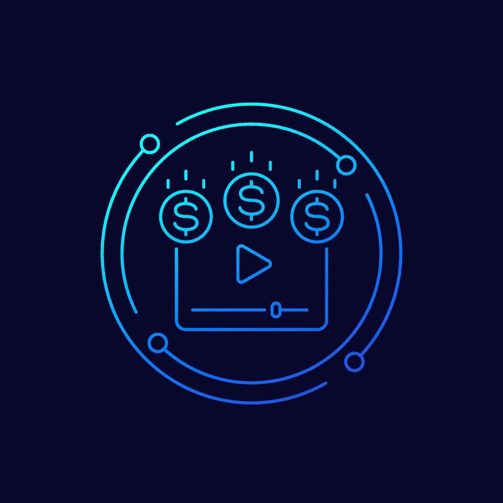 Video monetization, earn money for video content line vector icon