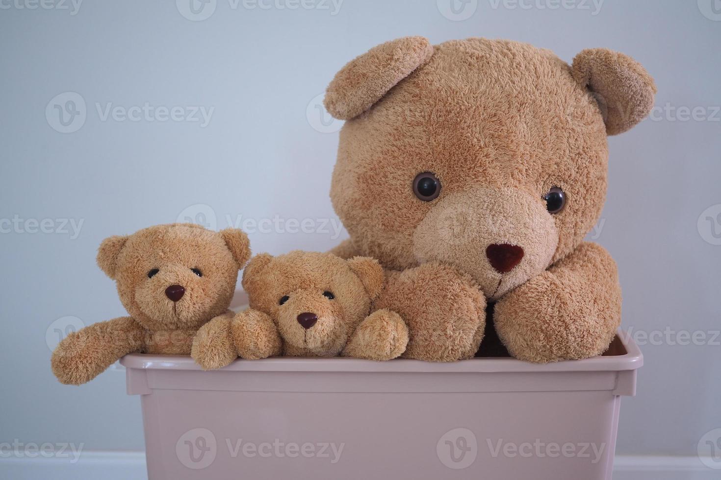 brown teddy bear group pokes the head out of the plastic box. Children's play concept photo