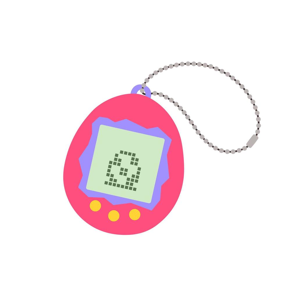Classic retro toy. Vintage digital pocket pet game. Japanese classic pink game with screen display, chain and buttons. vector