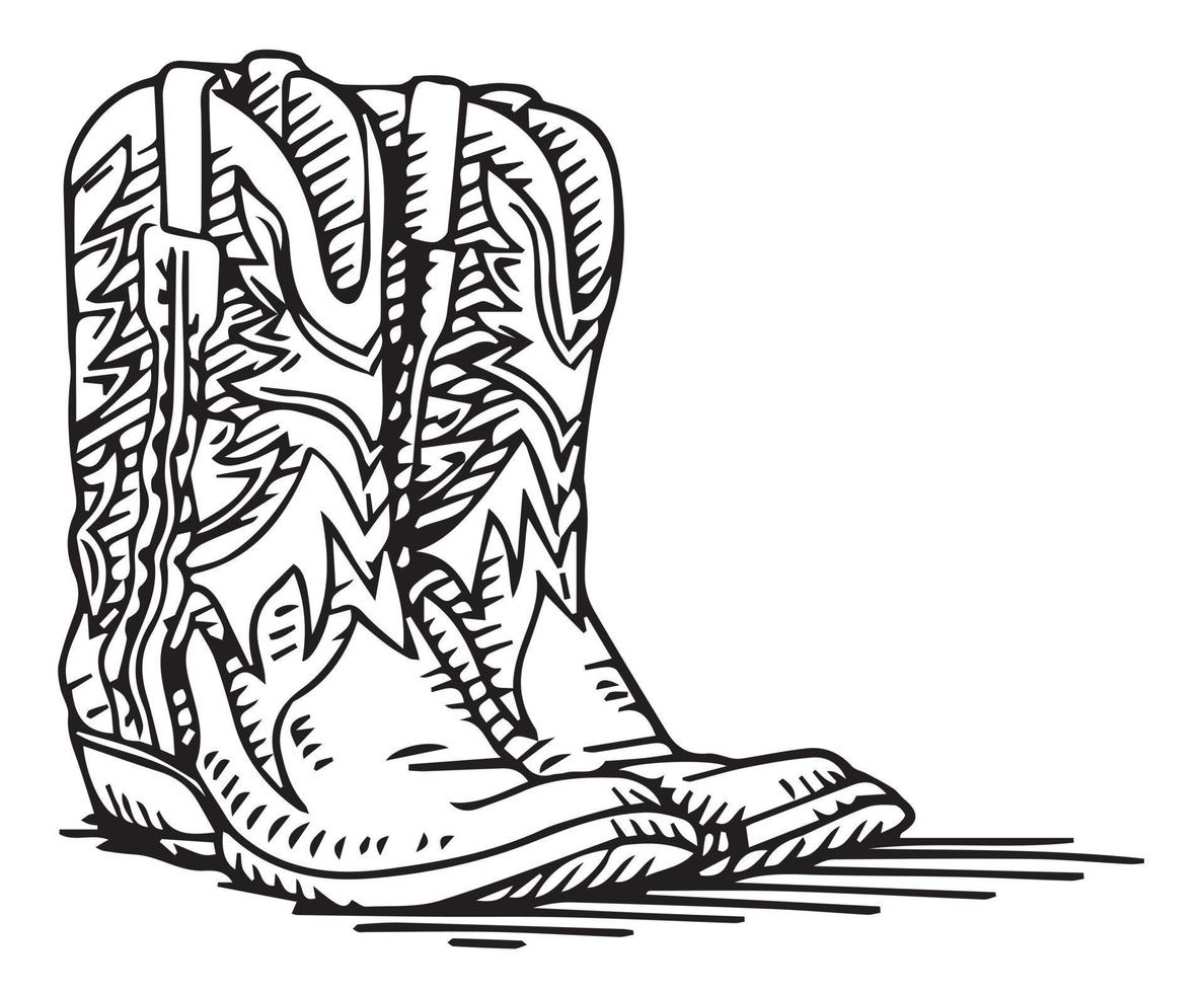 Handdrawn vector drawing of a Pair of Cowboy Boots. BlackandWhite sketch on a transparent