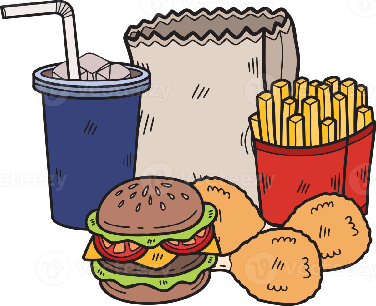 ilustración de conjunto de comida rápida dibujada a mano en estilo doodle png