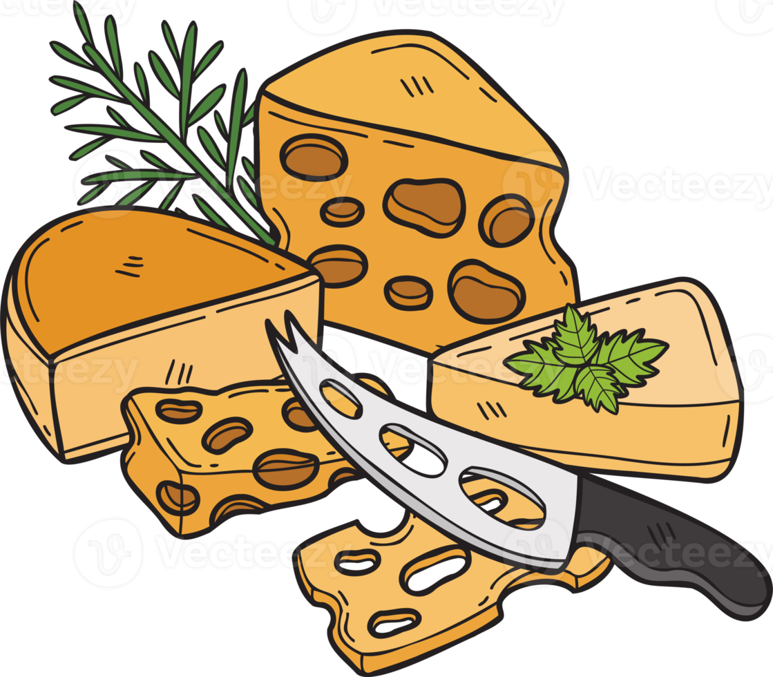 Hand Drawn Cheese and cheese knife illustration in doodle style png