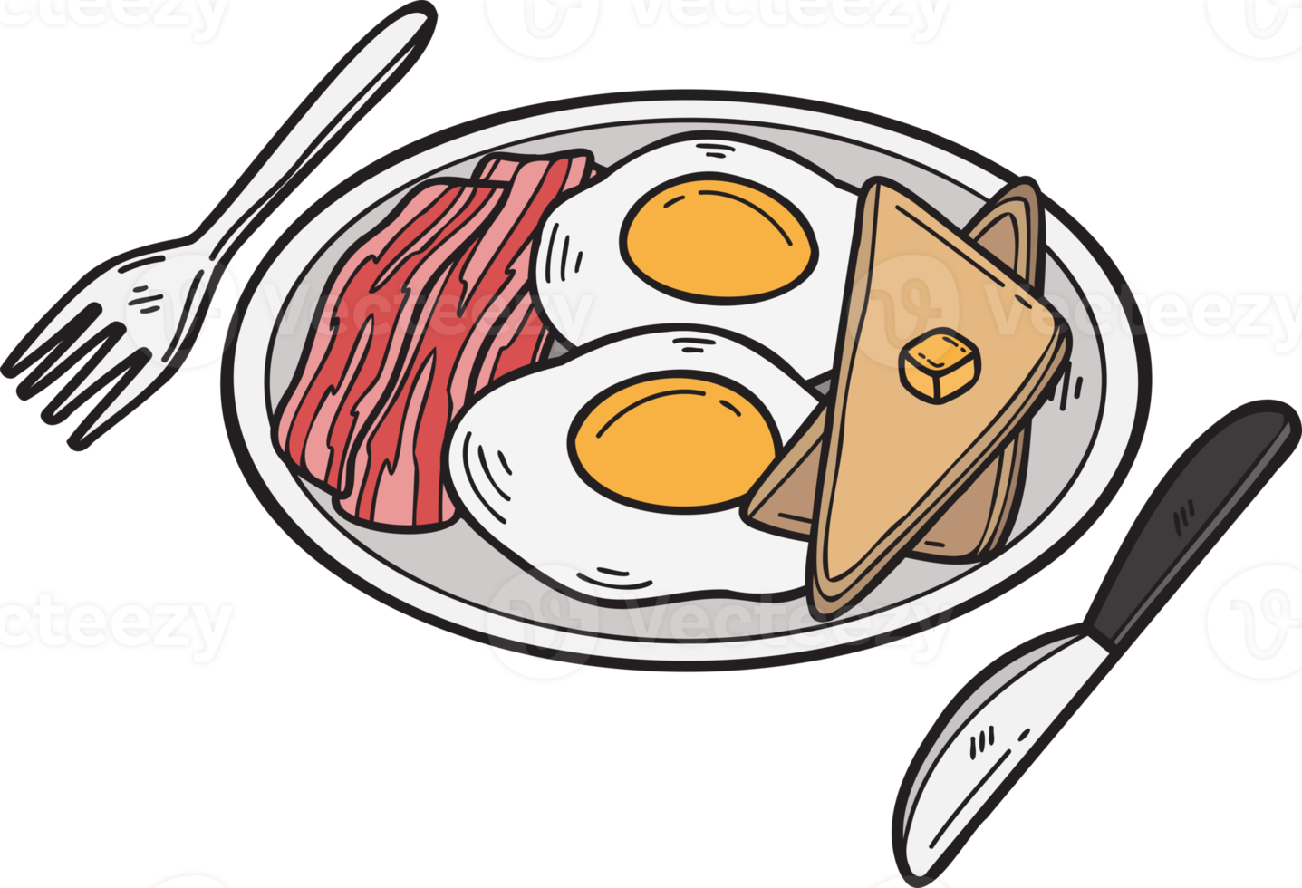 Hand Drawn Fried eggs and bacon on a plate illustration in doodle style
