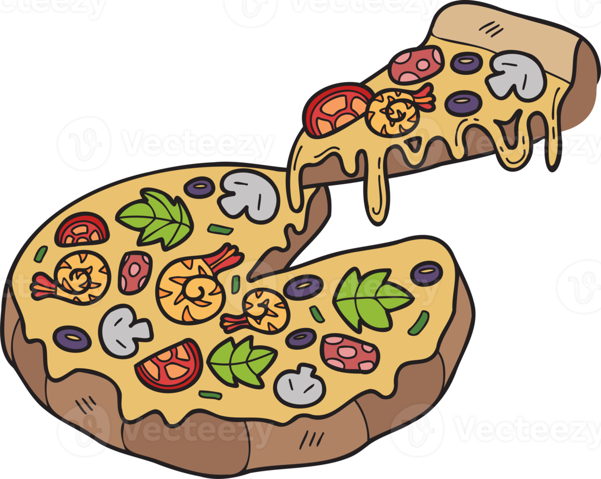 Hand Drawn cut pizza illustration in doodle style png
