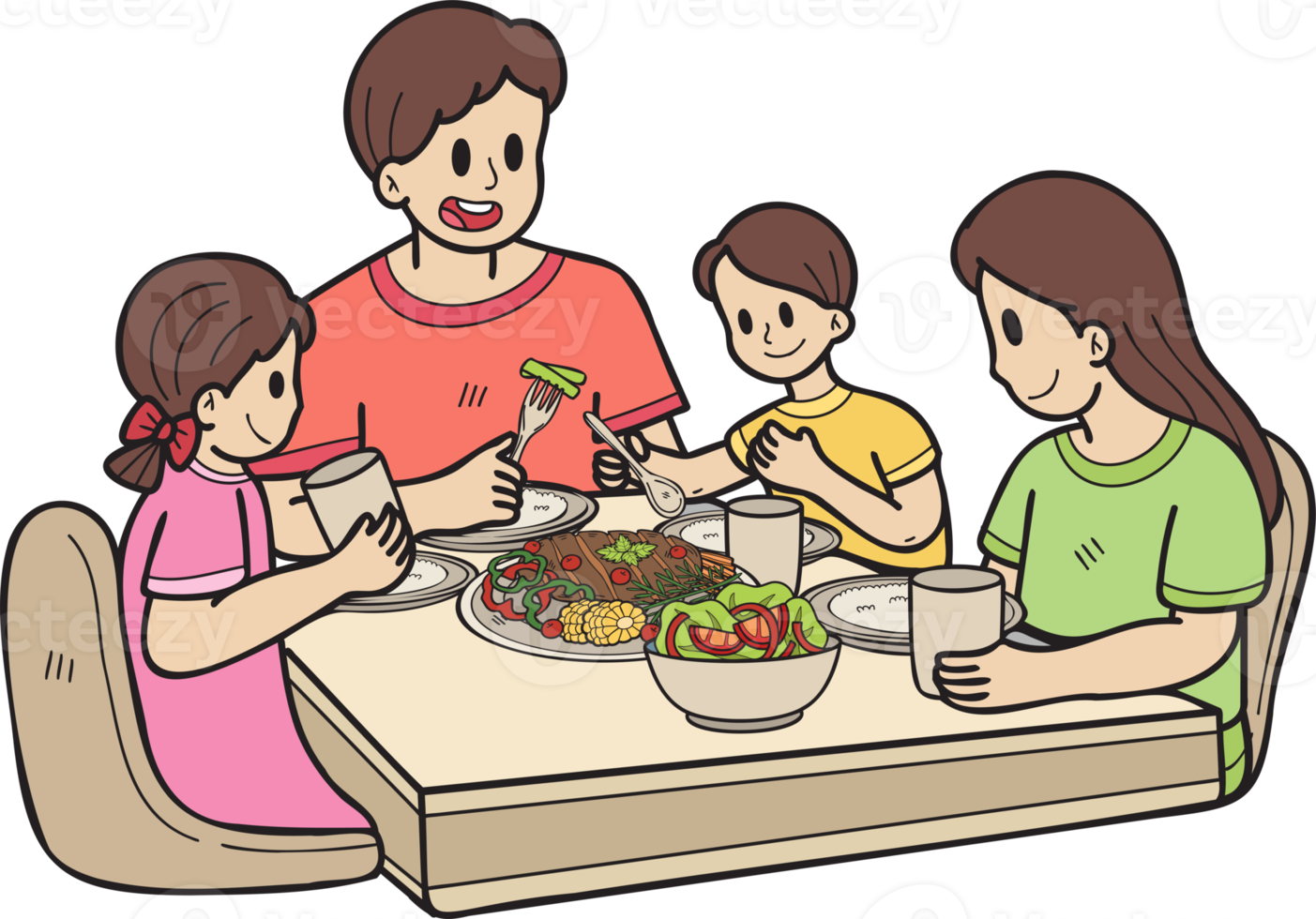 Hand Drawn Family Eating Food On The Table Illustration In Doodle Style hand-drawn-family-eating-food-on-the-table-illustration-in-doodle-style