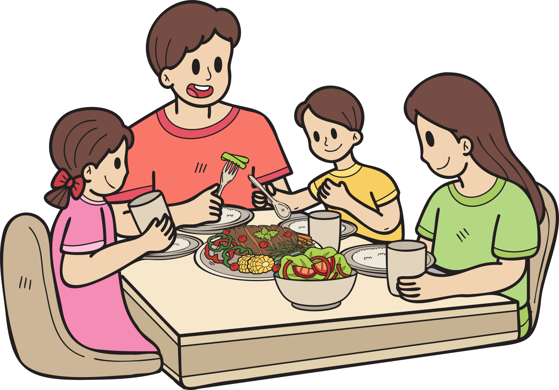 Hand Drawn Family Eating Food On The Table Illustration In Doodle Style hand-drawn-family-eating-food-on-the-table-illustration-in-doodle-style