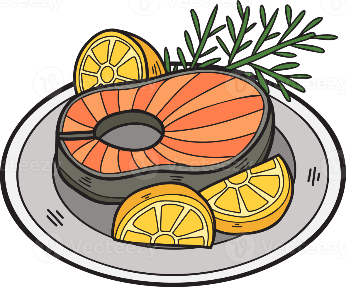 Hand Drawn Salmon steak on a plate illustration in doodle style