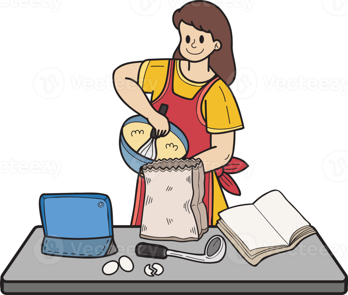 Hand Drawn Woman learning to cook from the internet illustration in doodle style png