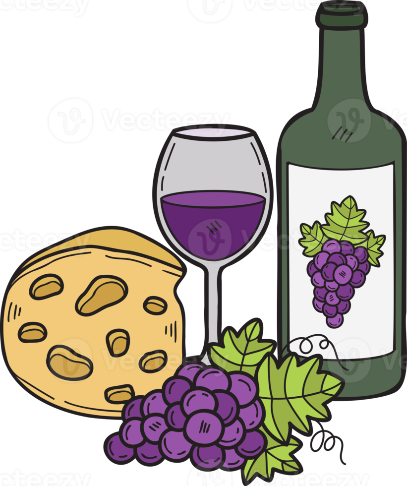 Hand Drawn Cheese and grape wine illustration in doodle style png