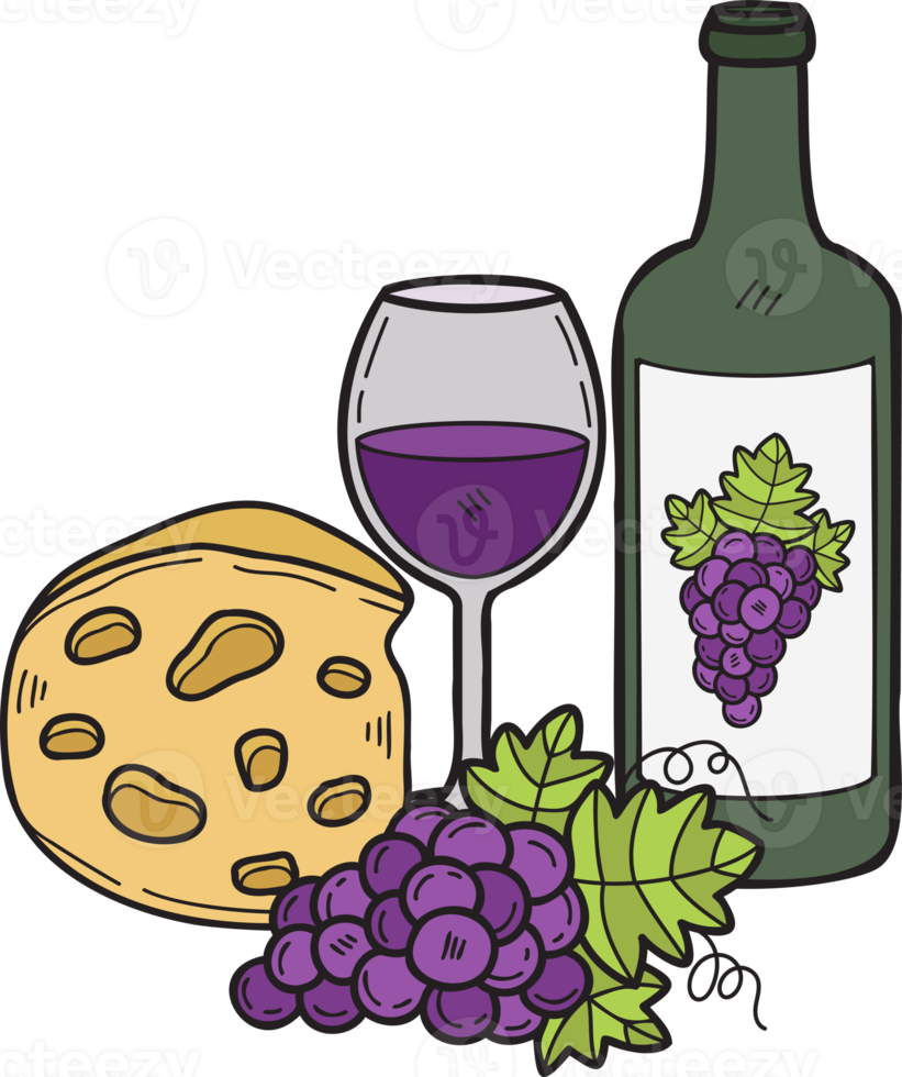 Hand Drawn Cheese and grape wine illustration in doodle style 18974389 PNG
